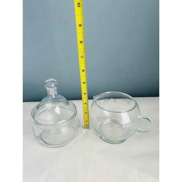 Princess House Heritage Creamer & Sugar Set Lid Vintage Etched Glass Floral - Picture 3 of 8